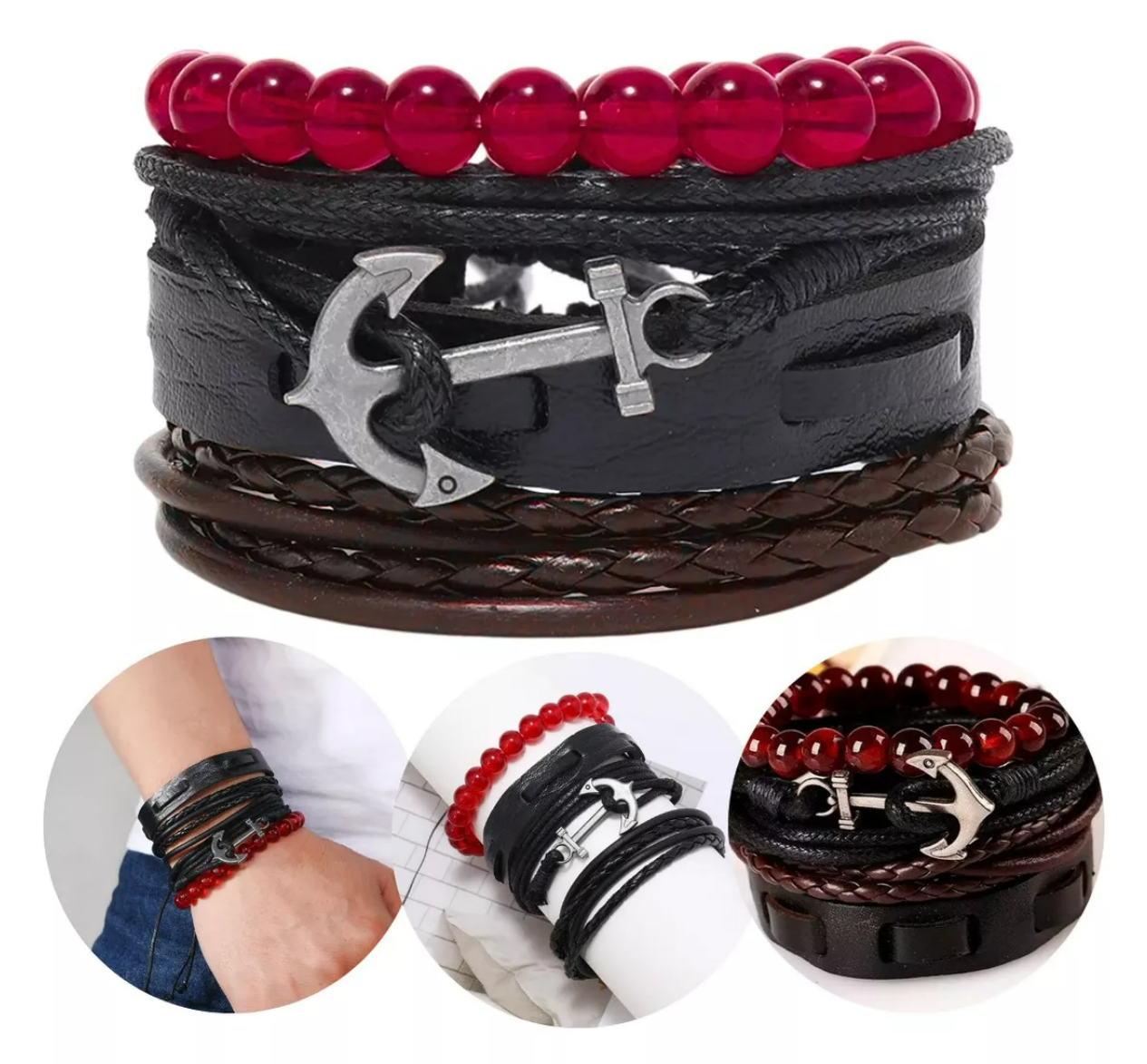 Pulsera Caballero Ancla Cuerda Cuero Cuentas 4 En 1 10.6cm Xtellar