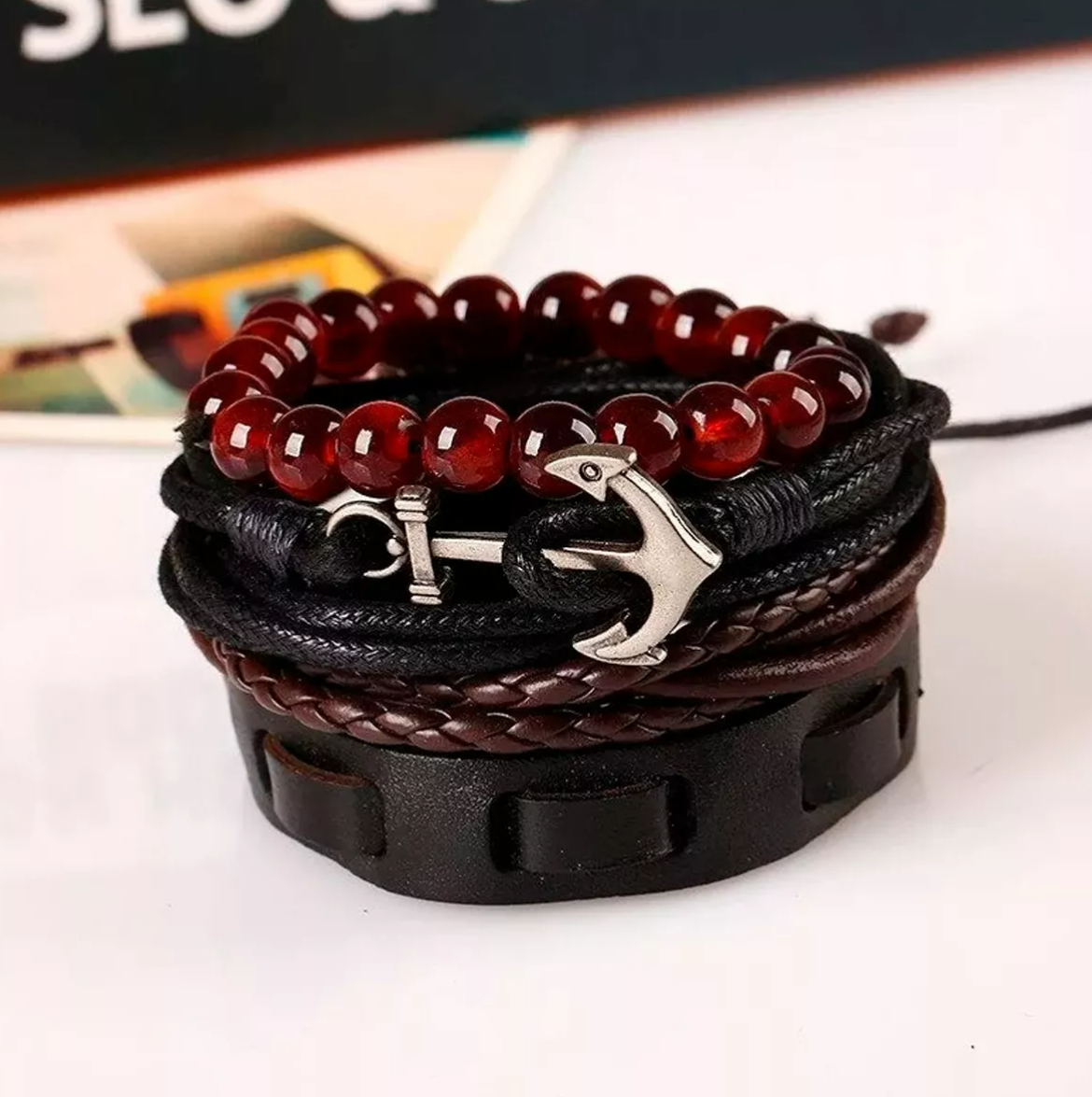 Foto 4 pulgar | Pulsera Caballero Ancla Cuerda Cuero Cuentas 4 En 1 10.6cm Xtellar