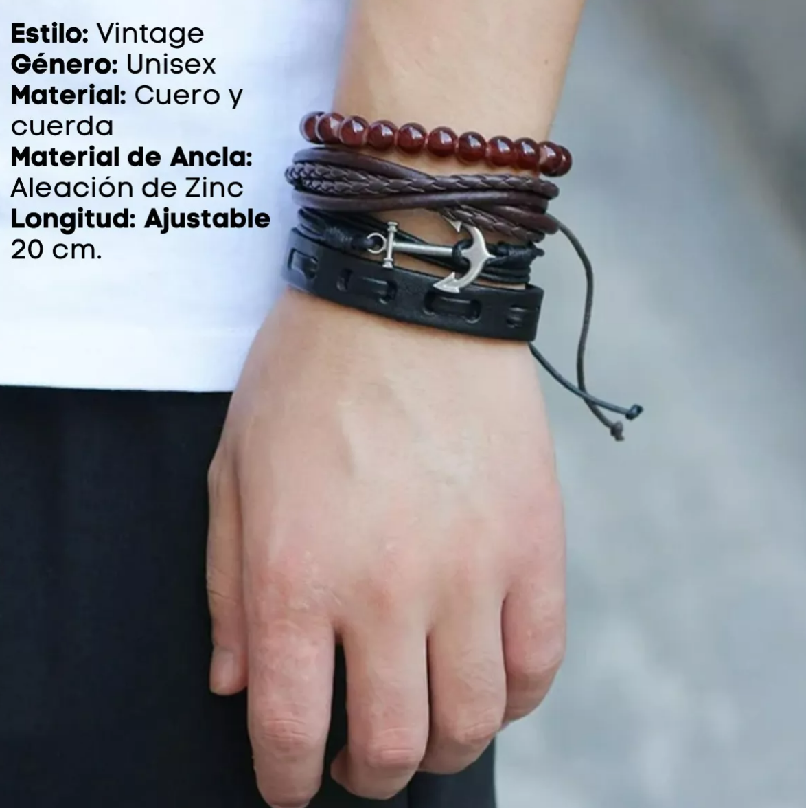Foto 4 | Pulsera Caballero Ancla Cuerda Cuero Cuentas 4 En 1 10.6cm Xtellar
