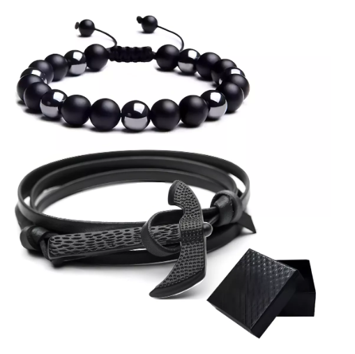 Foto 2 pulgar | 2 Pzs Brazalete Xtellar De Cuentas Obsidiana Y Pulsera Para Hombre Color Negro