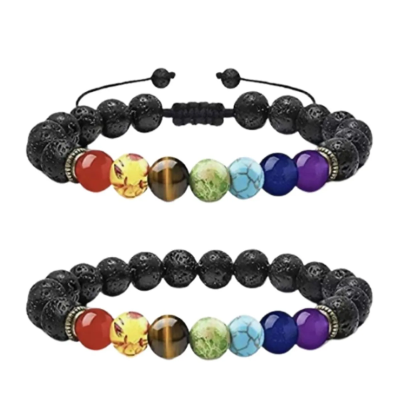 Foto 2 pulgar | Pulseras Xtellar Parejas Piedras Volcanicas 7 Chakras Yoga Reiki Color Negro Diámetro 19 Cm Largo 19 Cm