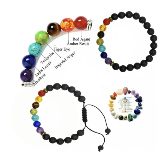 Foto 3 pulgar | Pulseras Xtellar Parejas Piedras Volcanicas 7 Chakras Yoga Reiki Color Negro Diámetro 19 Cm Largo 19 Cm