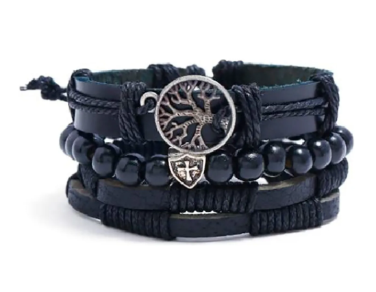 Foto 2 pulgar | Pulsera Xtellar Arbol De La Vida Piel Para Hombre Mujer Pareja 3 Pza Color Negro Diámetro 20