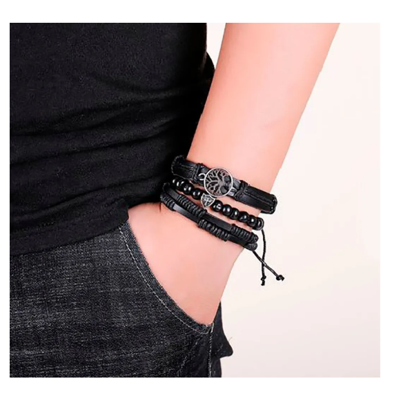 Foto 5 pulgar | Pulsera Xtellar Arbol De La Vida Piel Para Hombre Mujer Pareja 3 Pza Color Negro Diámetro 20