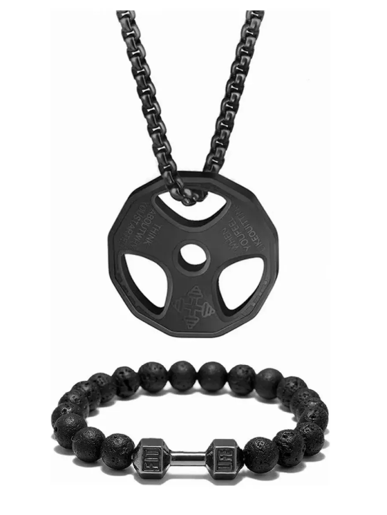 Foto 2 pulgar | Collar Xtellar con Dije Disco Pesas y Pulsera Mancuerna Acero Inoxidable Gym Fit Negro