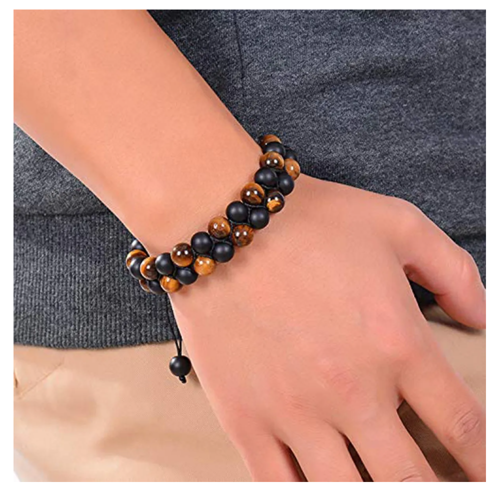 Foto 5 pulgar | Pulseras Hombres Doble Ojo Tigre Piedra Obsidiana Ajustable
