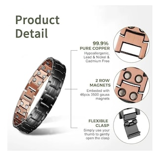 Foto 2 | Pulsera De Terapia Magnética Cobre Puro Brazalete P/ Hombre Negro 7 Cm 23 Cm