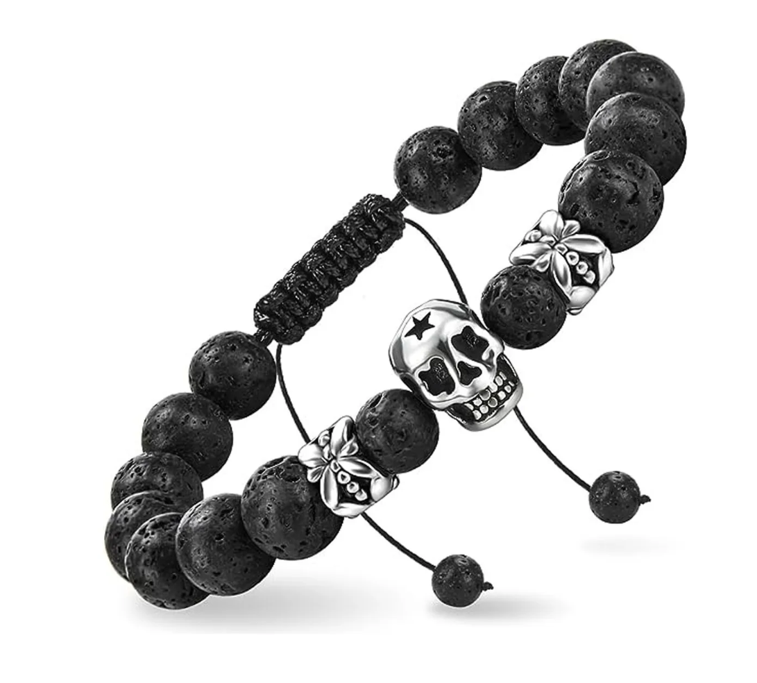 Pulsera Calavera Vintage Piedra De Lava Ojo De Tigre Hombre