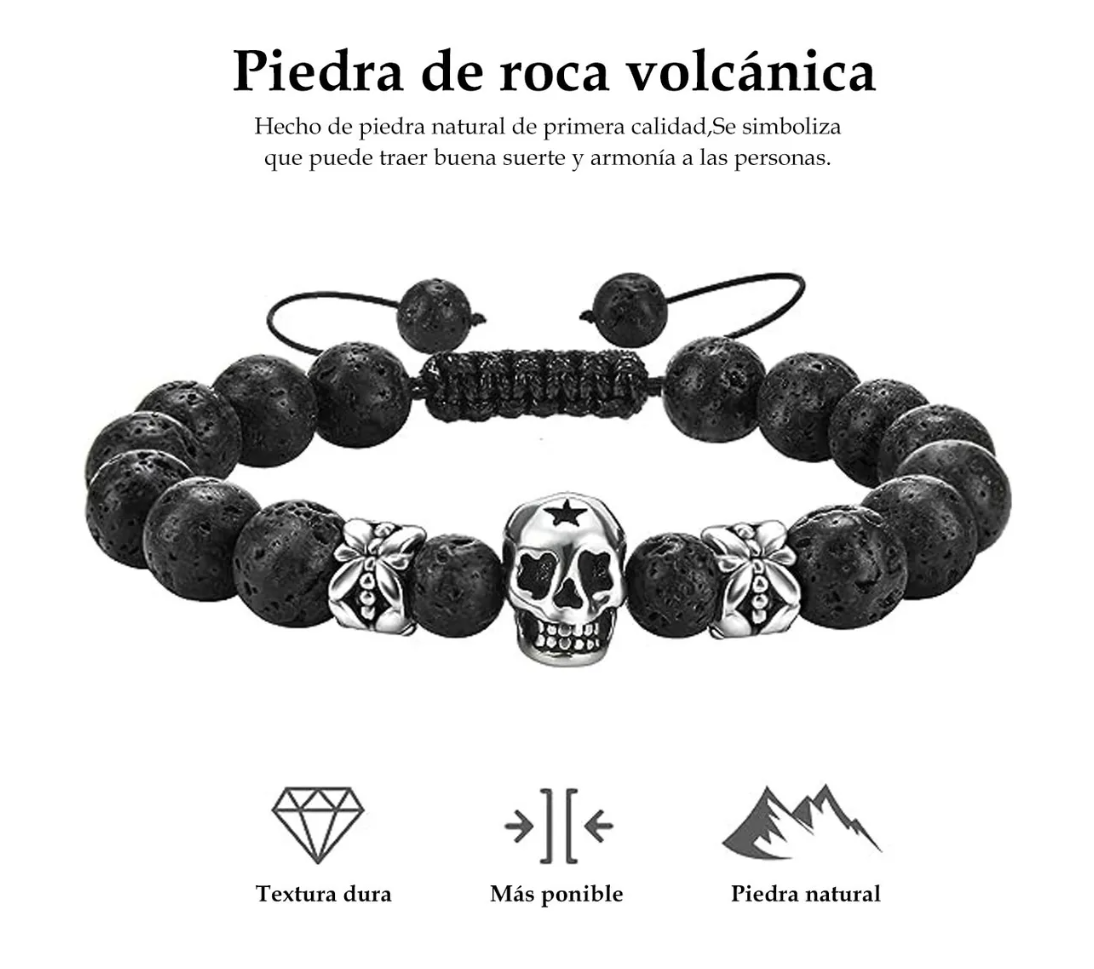 Foto 4 pulgar | Pulsera Calavera Vintage Piedra De Lava Ojo De Tigre Hombre