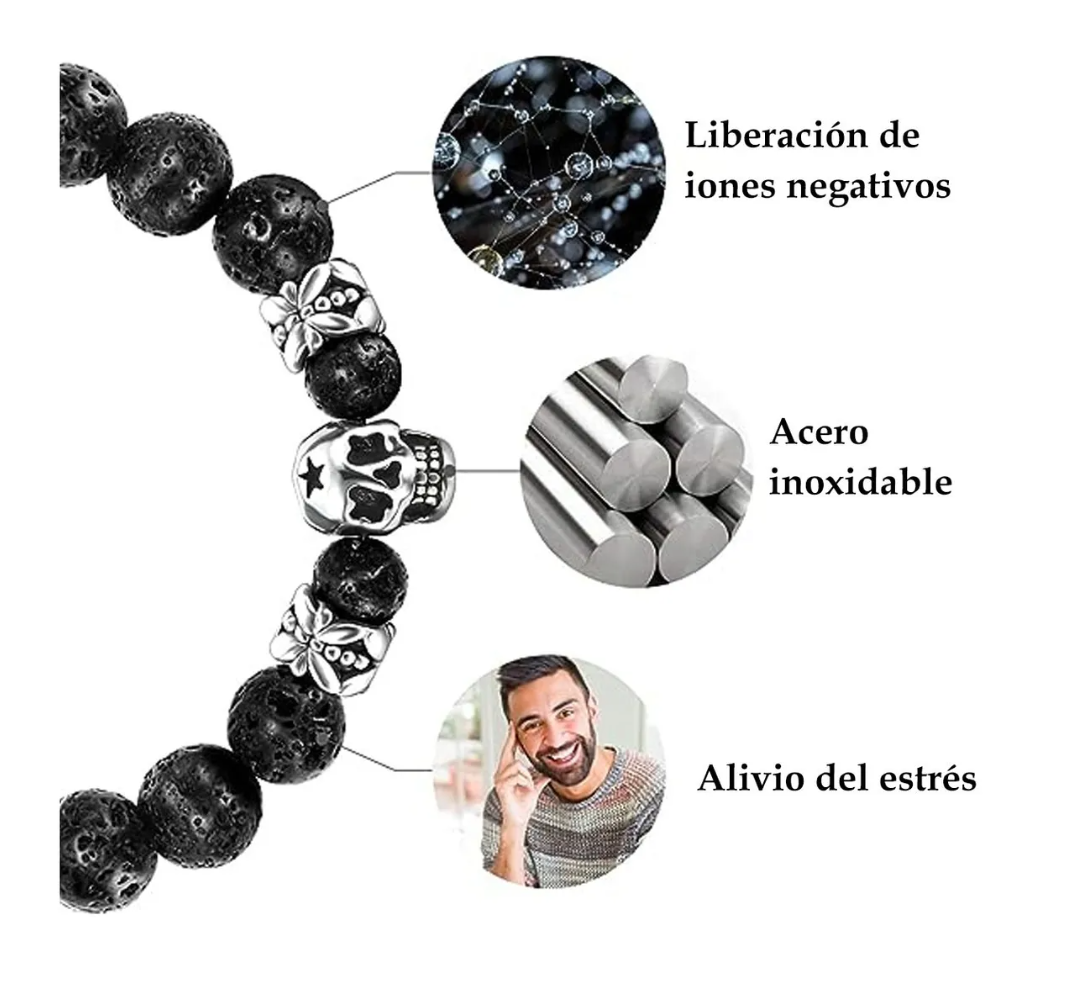 Foto 5 pulgar | Pulsera Calavera Vintage Piedra De Lava Ojo De Tigre Hombre