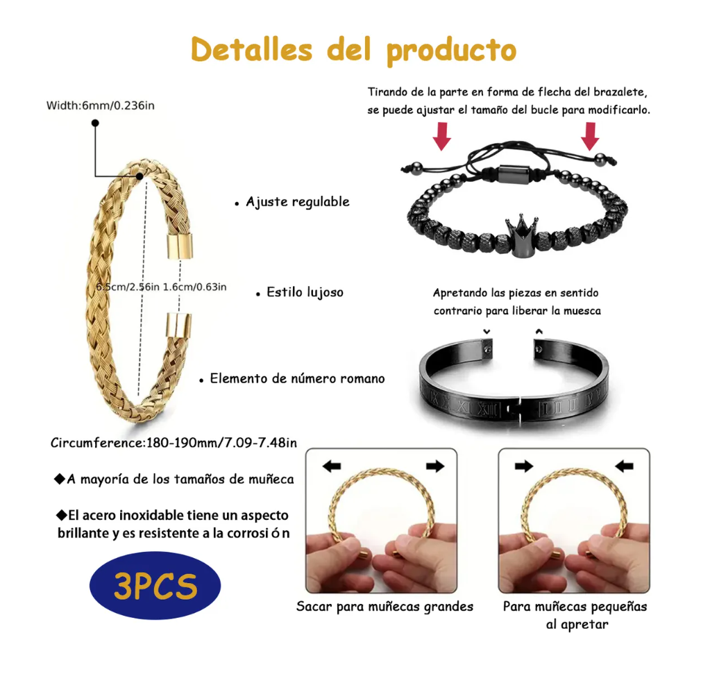 Foto 3 pulgar | Set 3 Pulseras De Corona Acero Lujo Romano Brazalete Inox