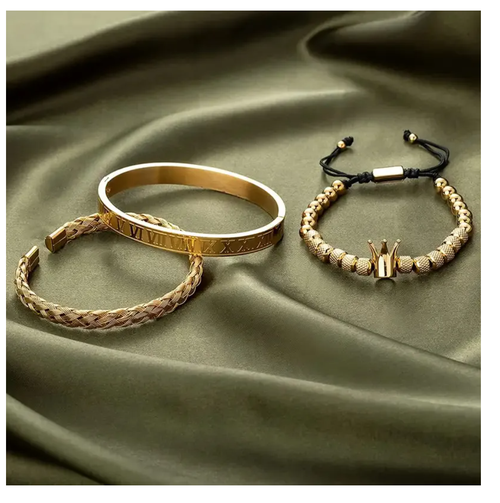 Foto 6 pulgar | Set 3 Pulseras De Corona Acero Lujo Romano Brazalete Inox