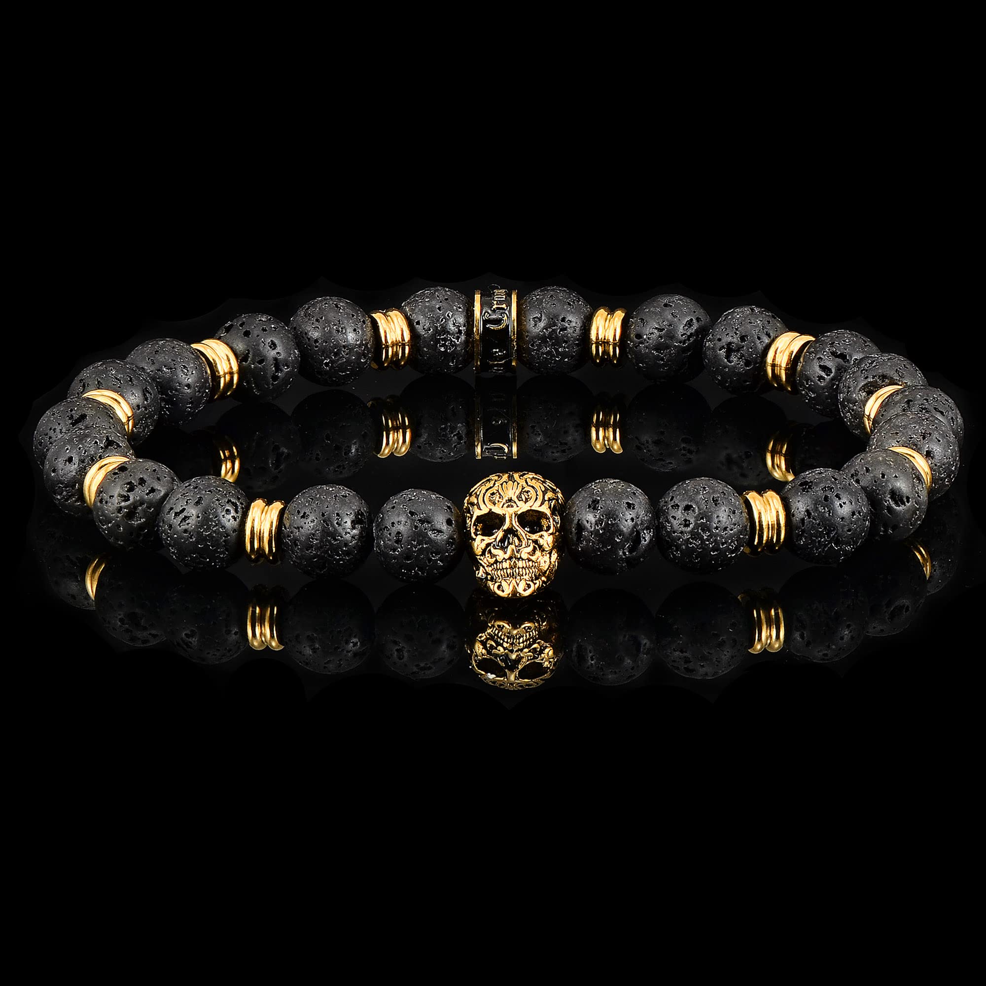 Foto 5 | Brazalete Crucible De Acero Inoxidable Chapado En Oro Con Calavera Y Piedra De Lava - Venta Internacional.