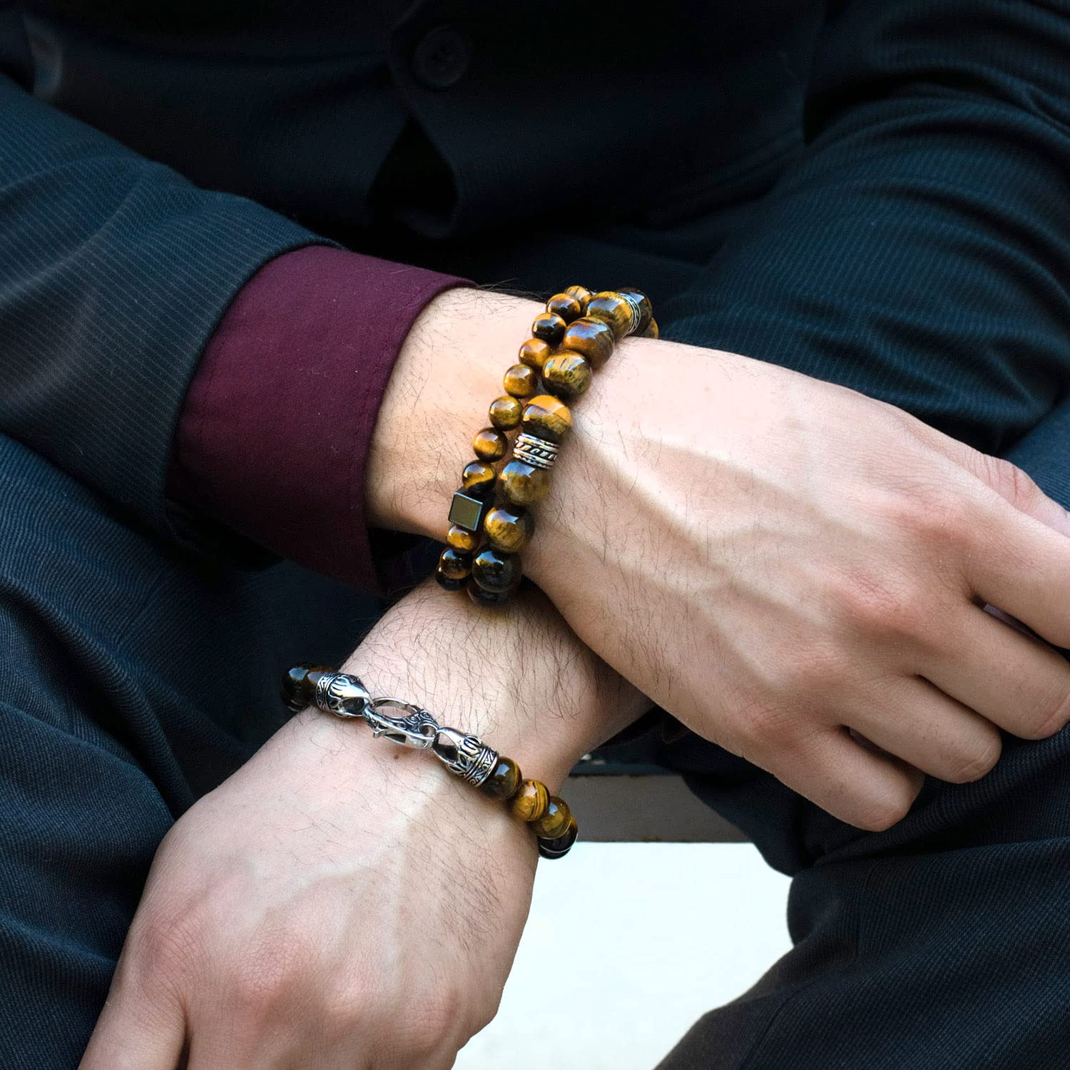 Foto 4 pulgar | Pulsera West Coast Jewelry Con Piedra De Ojo De Tigre Con Cubo De Hematita - Venta Internacional.