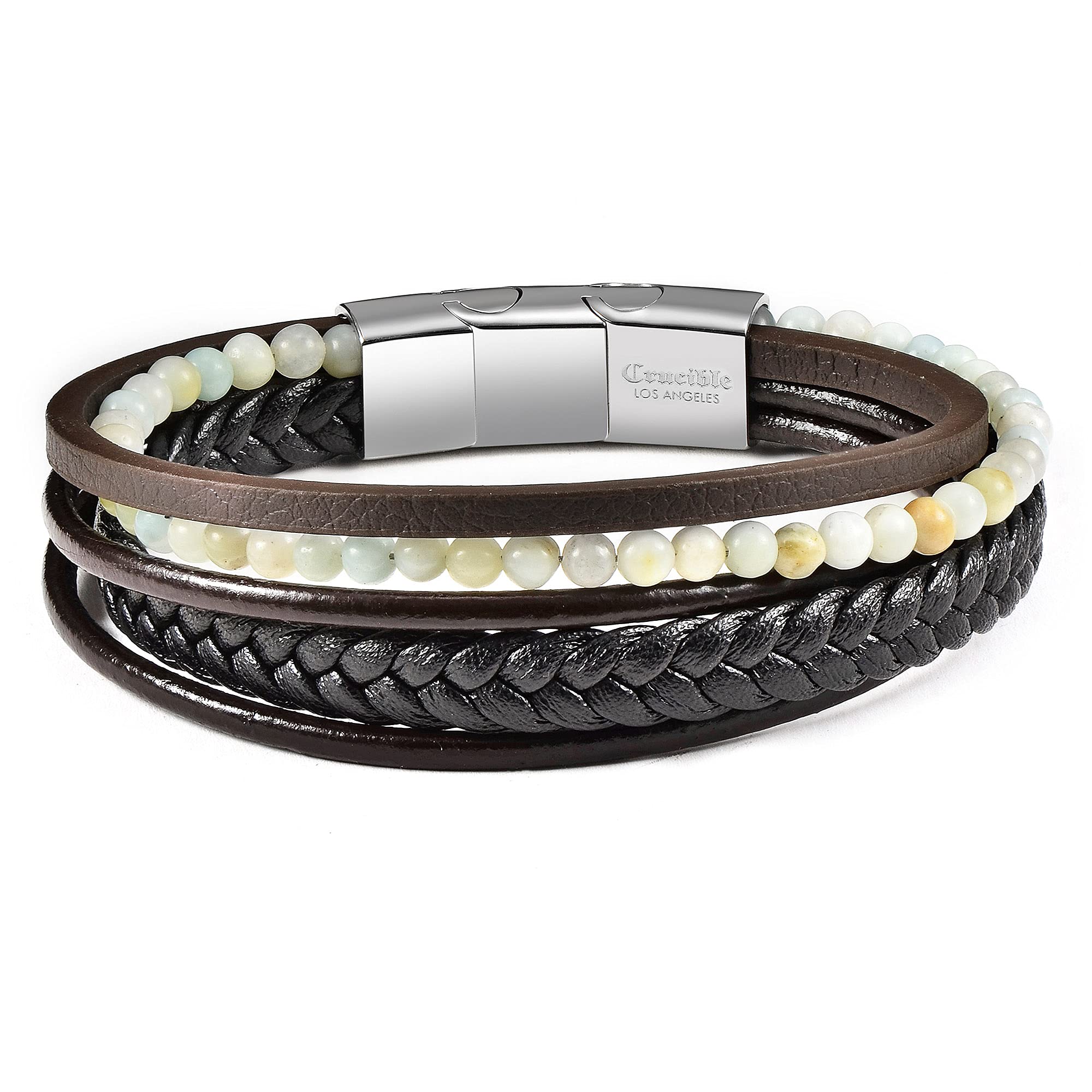 Brazalete Envuelto En Piel Tipo Crisol Con Cuentas De Piedra Amazonita - Venta Internacional.