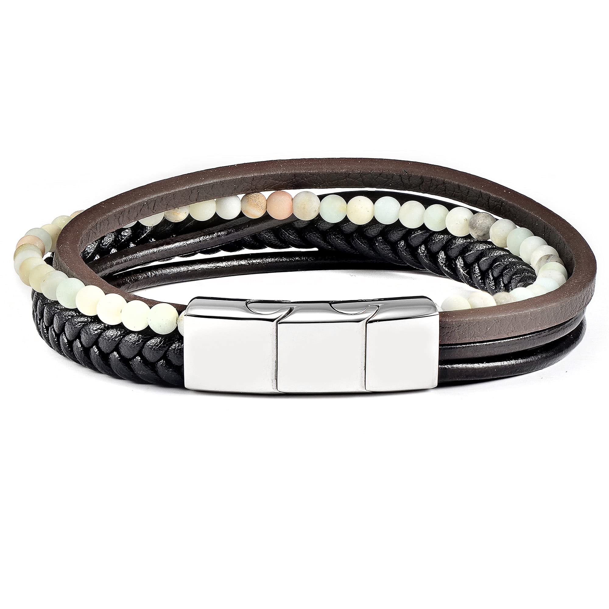Foto 4 pulgar | Brazalete Envuelto En Piel Tipo Crisol Con Cuentas De Piedra Amazonita - Venta Internacional.