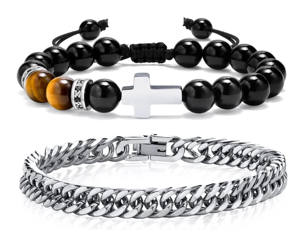 Foto 1 | Pulsera Hombre Acero Inoxidable Cruz Ojo De Tigre Negro