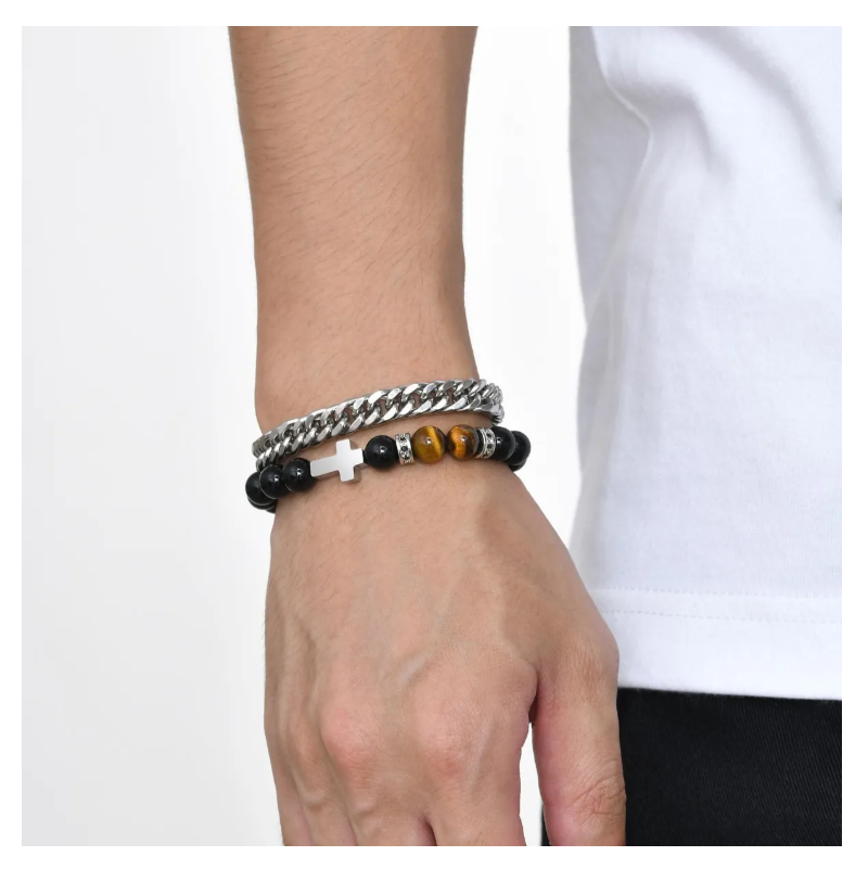 Foto 2 | Pulsera Hombre Acero Inoxidable Cruz Ojo De Tigre Negro