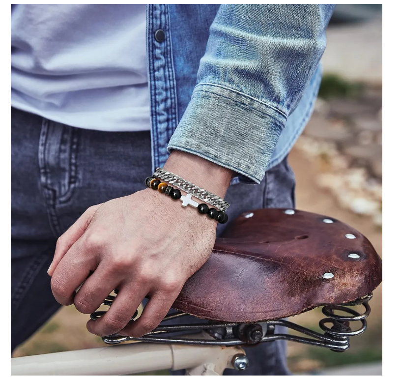 Foto 4 pulgar | Pulsera Hombre Acero Inoxidable Cruz Ojo De Tigre Negro