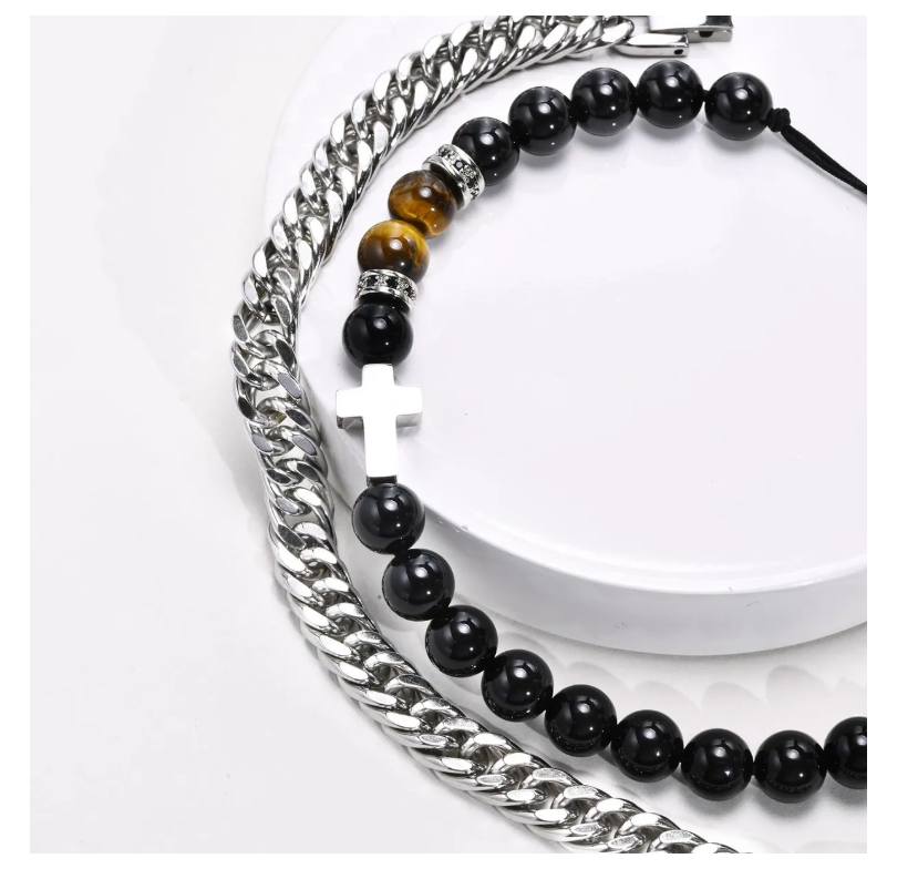 Foto 7 pulgar | Pulsera Hombre Acero Inoxidable Cruz Ojo De Tigre Negro