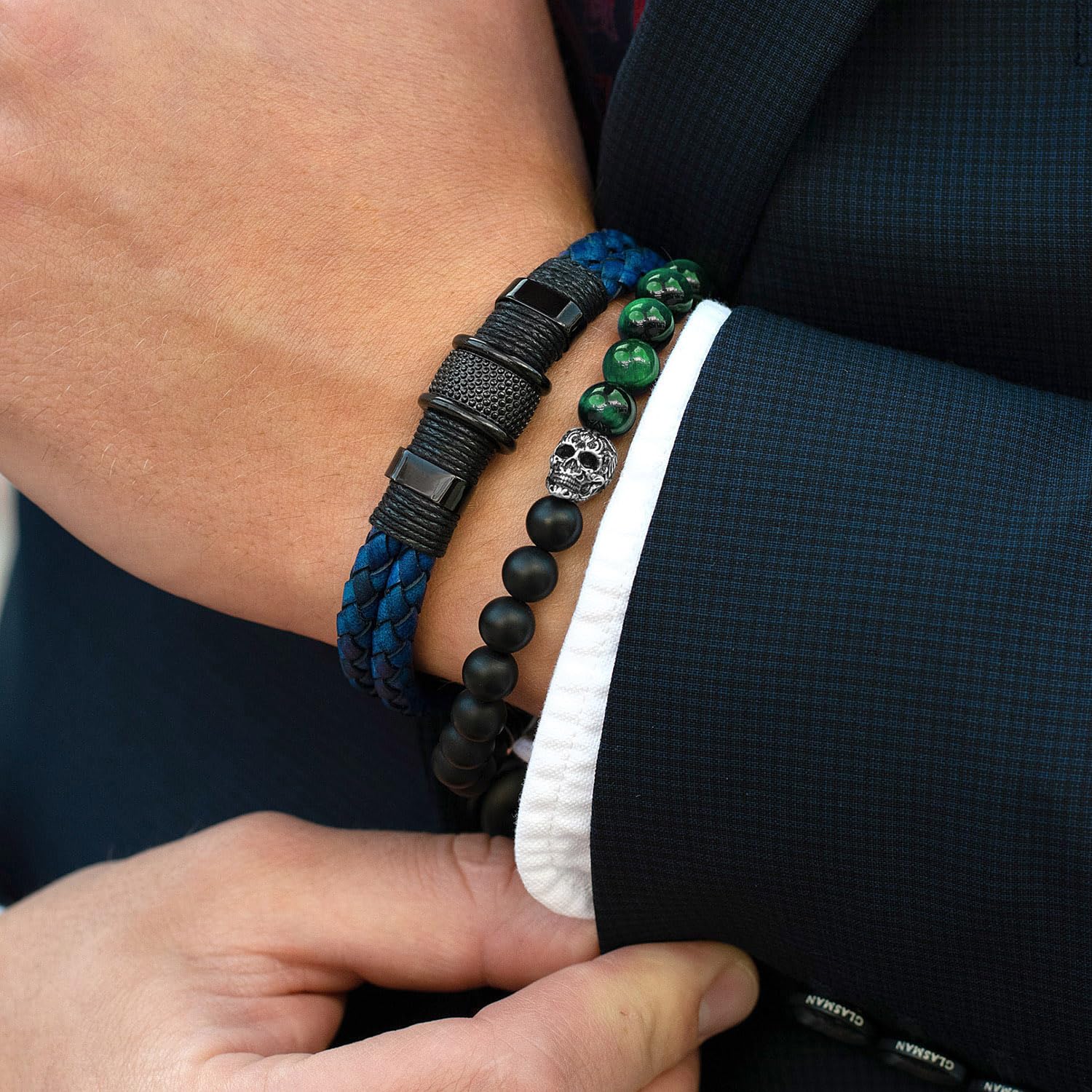 Foto 3 | Pulsera Crucible De Acero Inoxidable Con Calavera Verde Ojo De Tigre Y Ónix - Venta Internacional.