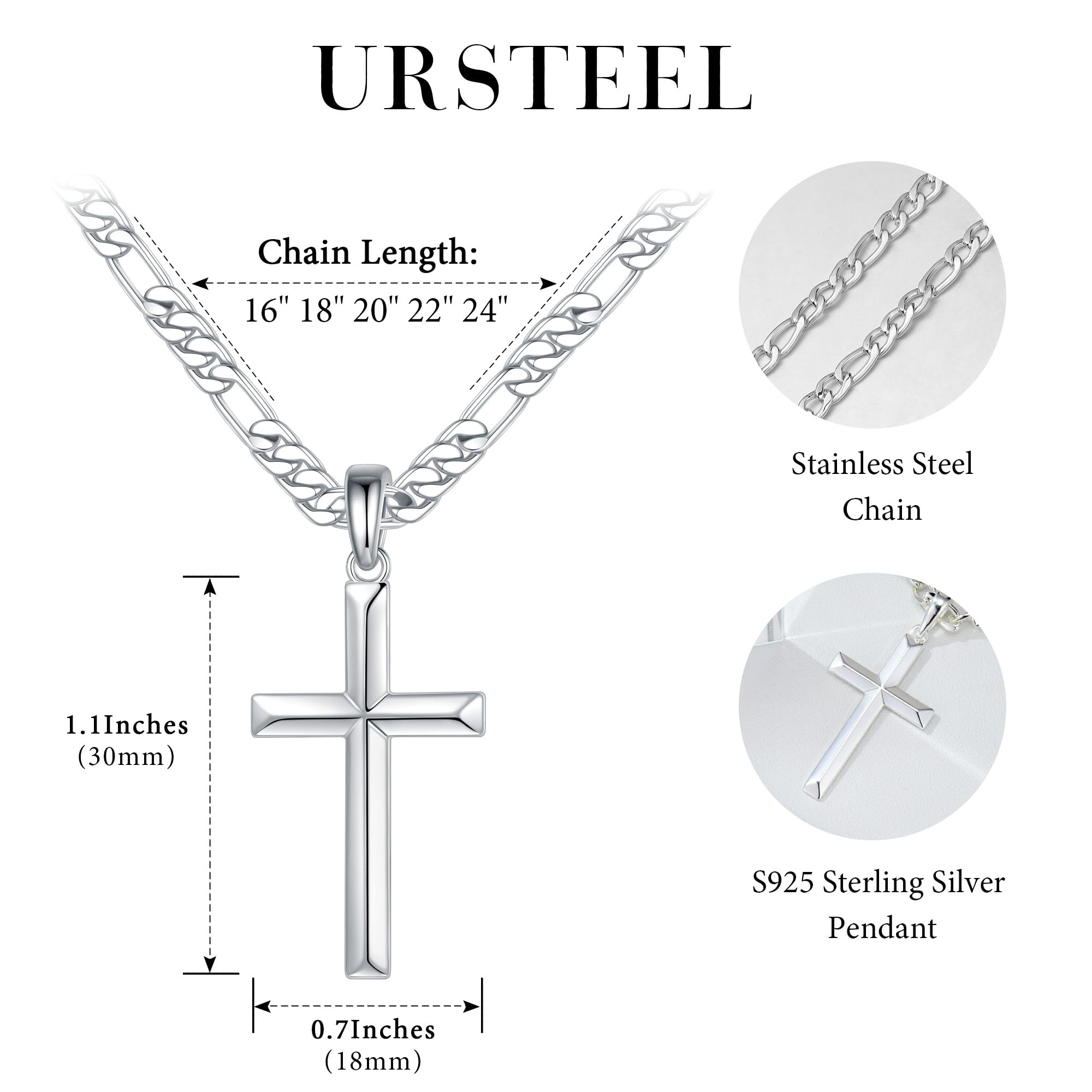 Foto 5 pulgar | Collar Ursteel Silver Cross Para Hombre En Plata De Ley 925 - Venta Internacional.