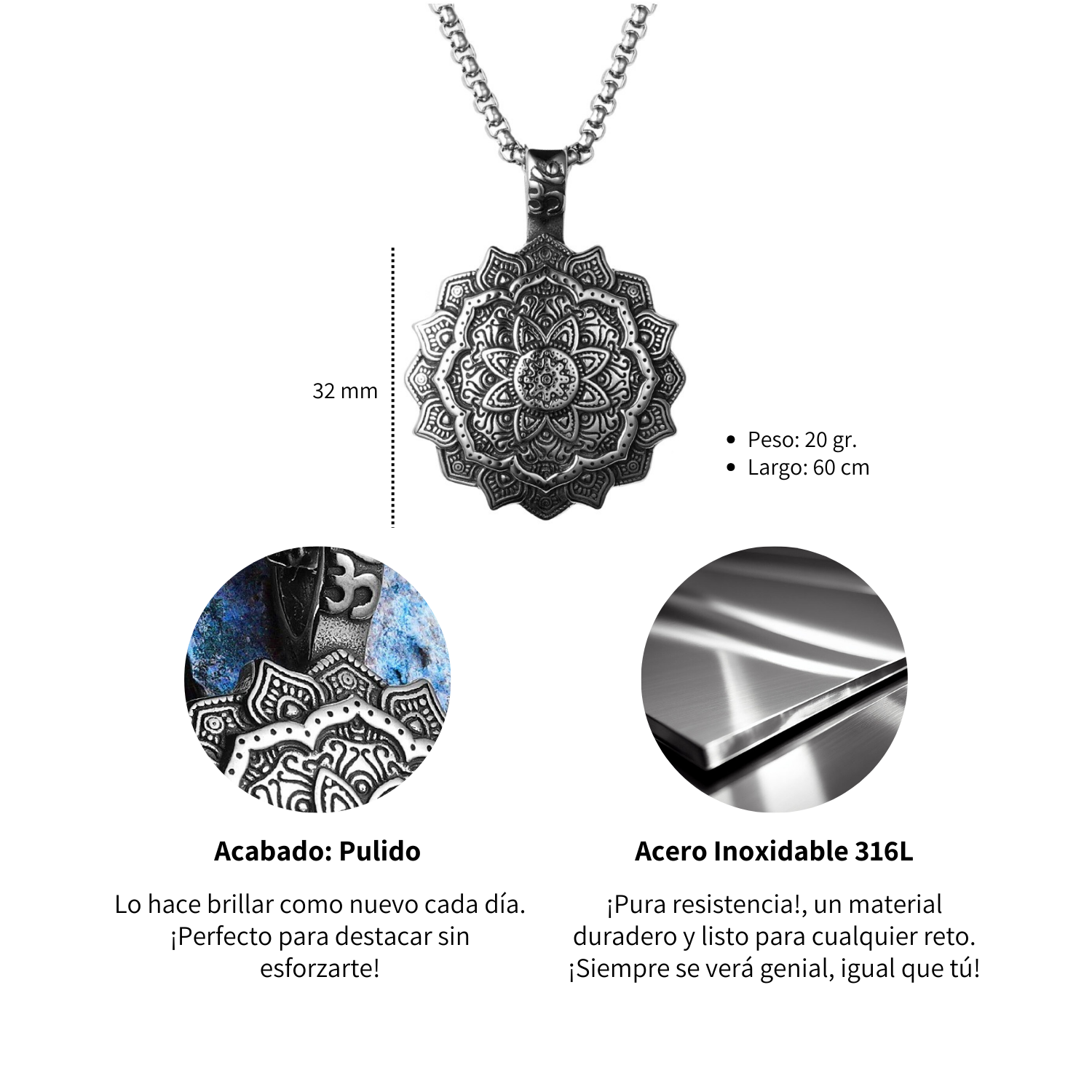 Foto 6 pulgar | Collar Flor Mandala De Acero Inox. Hipoalergénico Con Cadena De 60 Cm