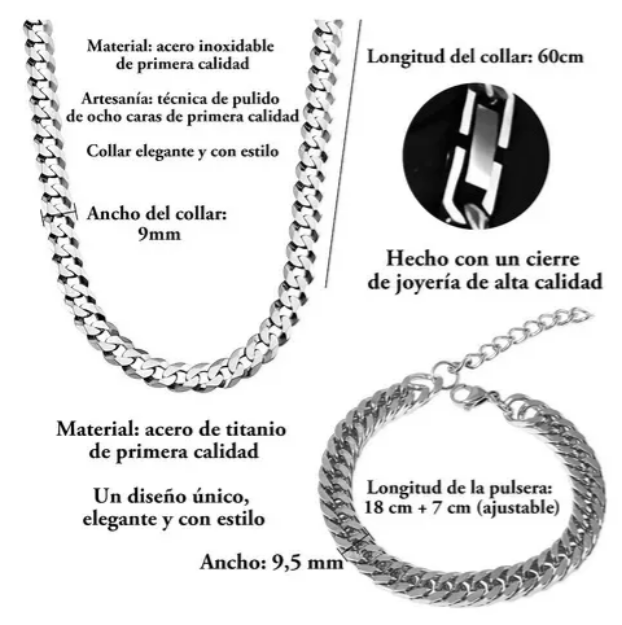 Foto 4 pulgar | Moda Xtellar Collar Y Pulseras Hombre Cubana Cadena Acero Inoxidable