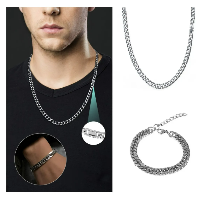 Foto 5 pulgar | Moda Xtellar Collar Y Pulseras Hombre Cubana Cadena Acero Inoxidable