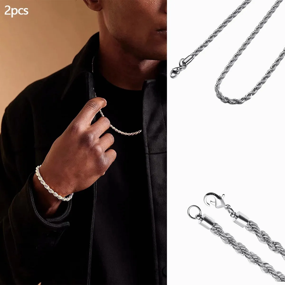 Foto 3 | 2pz Pulsera Y Collar Torsal Acero Inoxidable Hombre Lab.g Plata