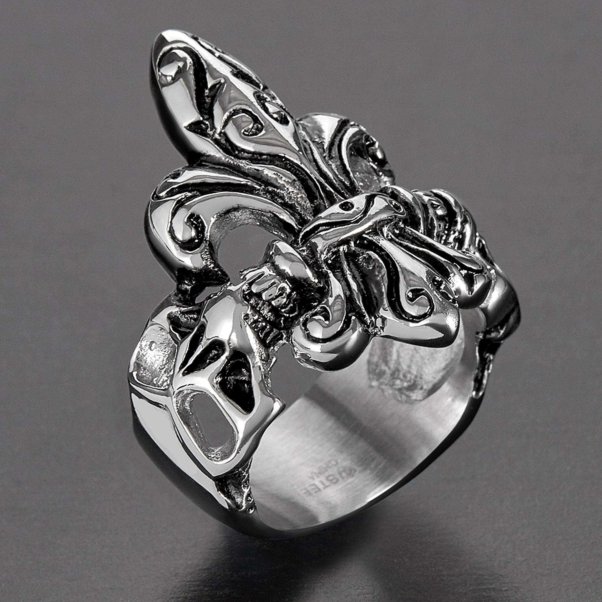 Foto 5 pulgar | Anillo West Coast Jewelry De Acero Inoxidable Envejecido Con Calavera De Flor De Lis - Venta Internacional.