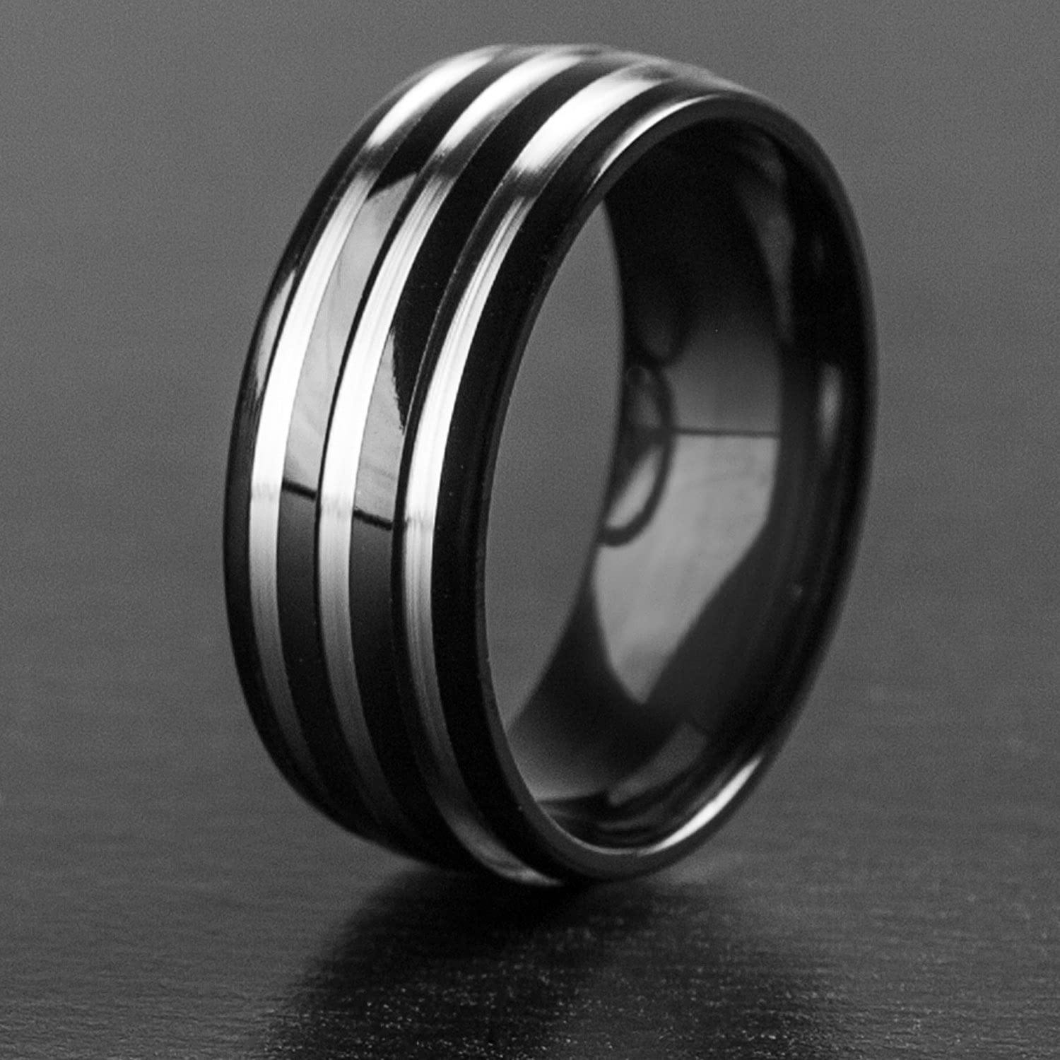 Foto 6 pulgar | Anillo West Coast Jewelry Chapado En Negro De Titanio A Rayas De 8 Mm - Venta Internacional.