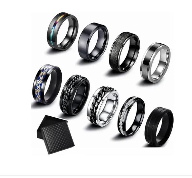 9 Piezas Anillo Hombre De Titanio Acero Inoxidable