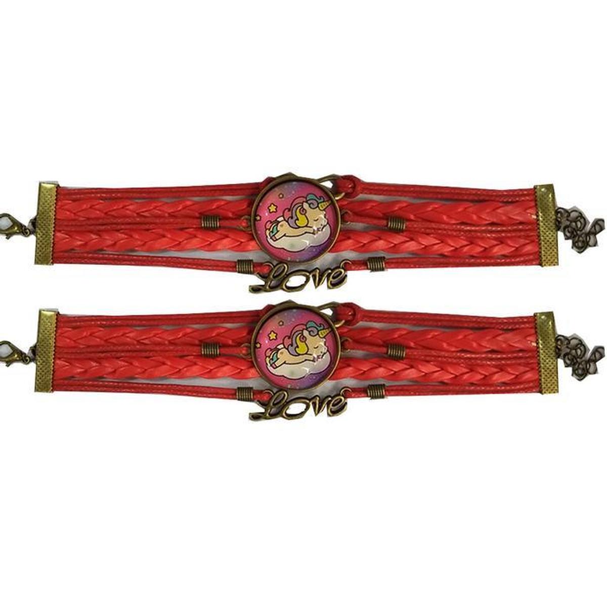 Pulsera Brazalete de Moda Unicornio 2 Piezas Roja de Plástico y Metal