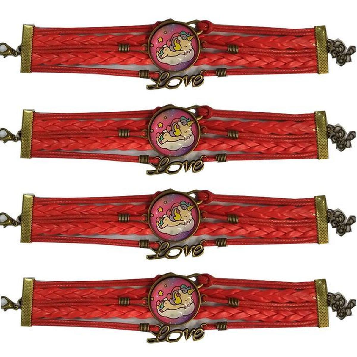 Pulsera Brazalete de Moda Unicornio 4 Piezas Roja de Plástico y Metal