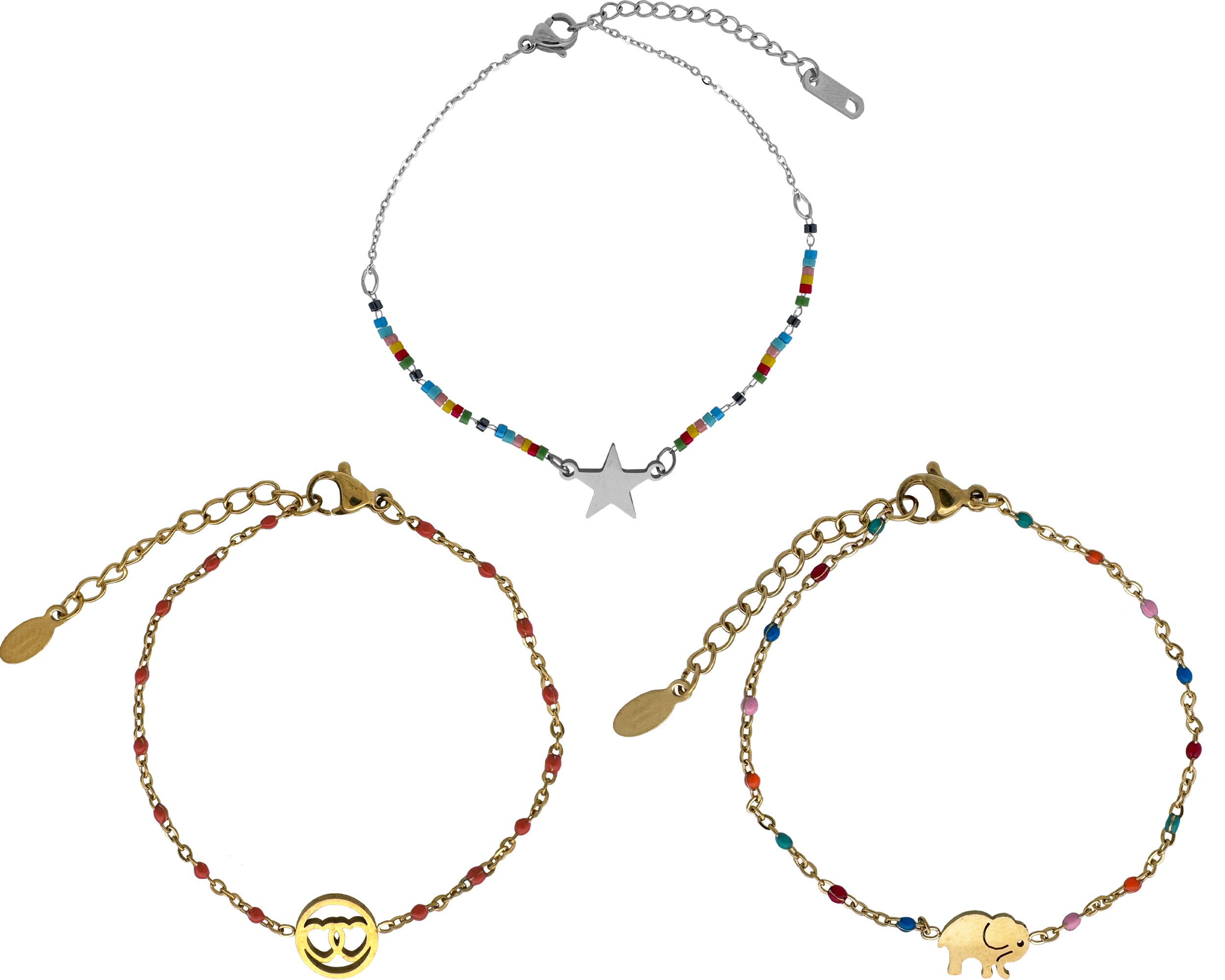 Kit Tres Pulseras Estrella Corazones y Elefante Horoz Ch64 Acero Inoxidable $499