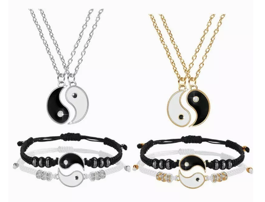 Set 2 Pulseras Pareja De Yin Yang +2 Collar Amor Eterno