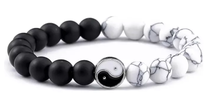 Pulsera Yin Yang Piedra Natural Lisa Mate Brazalete Elaástico Negro - Blanco