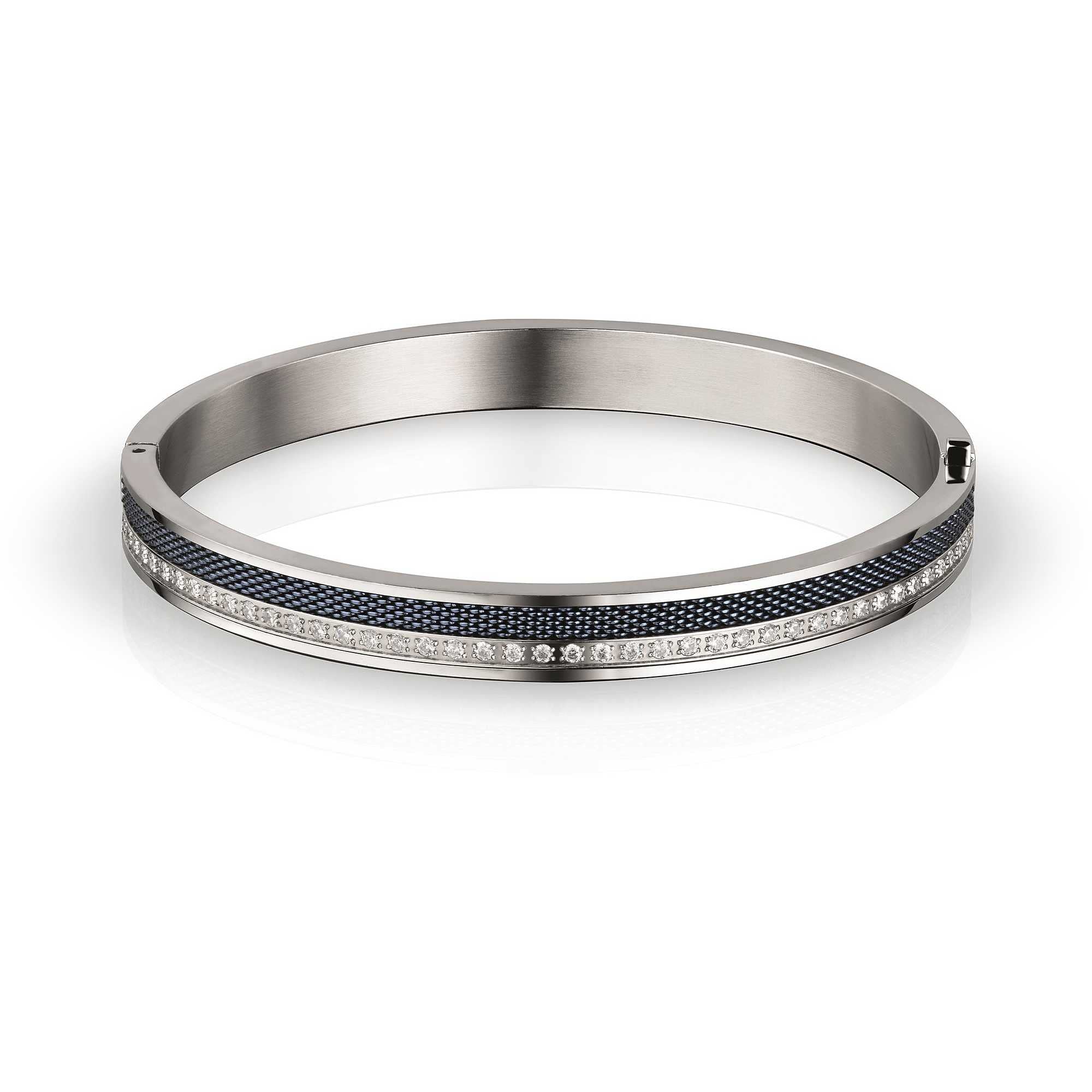 Brazalete Bering De Acero Plateado Pulido Con Circonitas, 19 Cm - Venta Internacional.