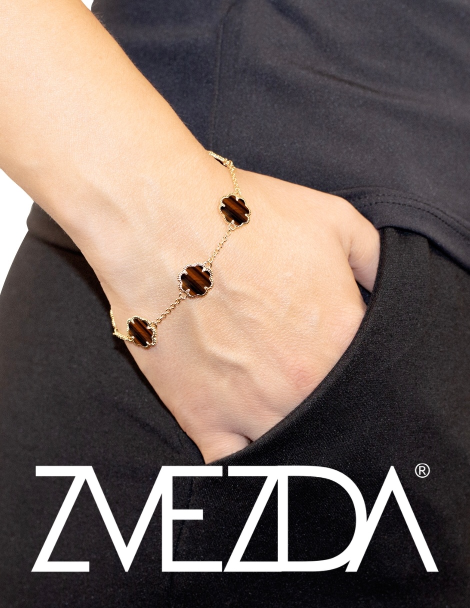 Foto 4 pulgar | Pulsera Zvezda Chapa de Oro Amarillo 18kTrébol Ojo de Trigre