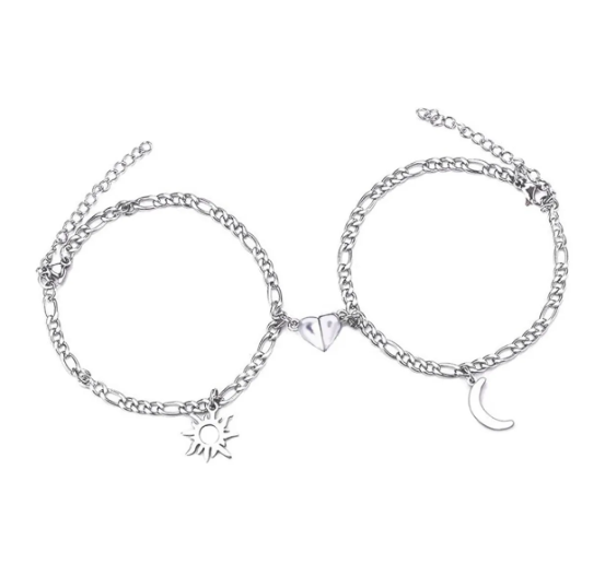 Pulsera Xtellar Pareja Solar y Luna Acero Inoxidable Plateada para Mujer