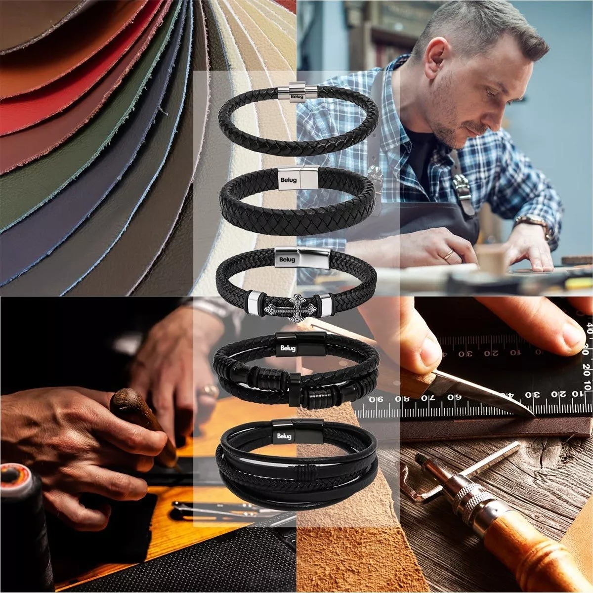 Foto 4 pulgar | 5 Piezas Pulsera Para Hombre De Cuero Con Hebilla Magnética  Belug Negro