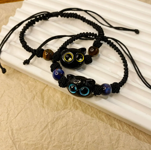 Foto 5 pulgar | Piedra Xtellar Lunar Gato Linda Pulsera De Pareja Tejida A Mano
