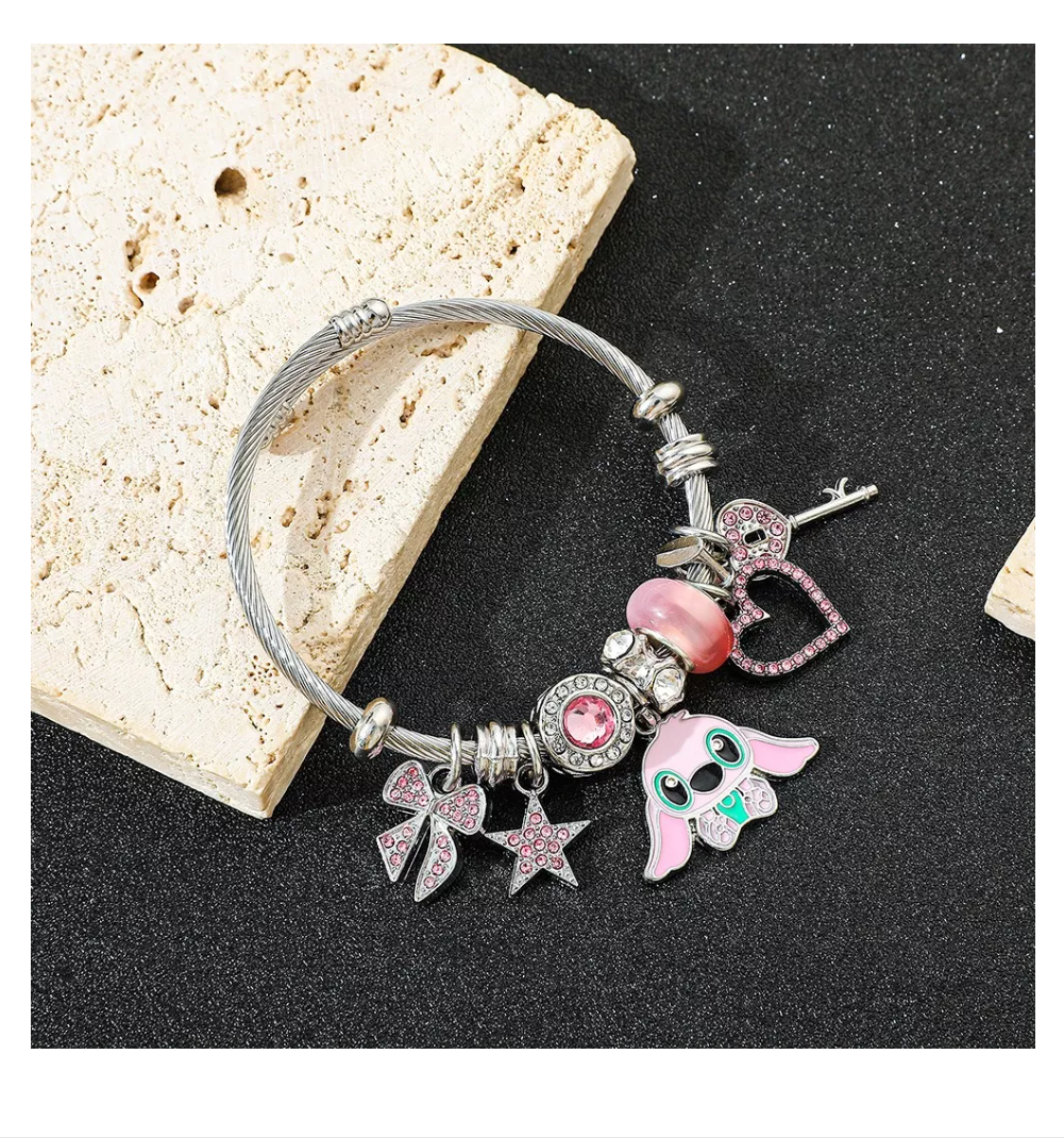 Foto 6 pulgar | Pulsera Plata Para Stitch Dije Ajustable Joyeria Mujer