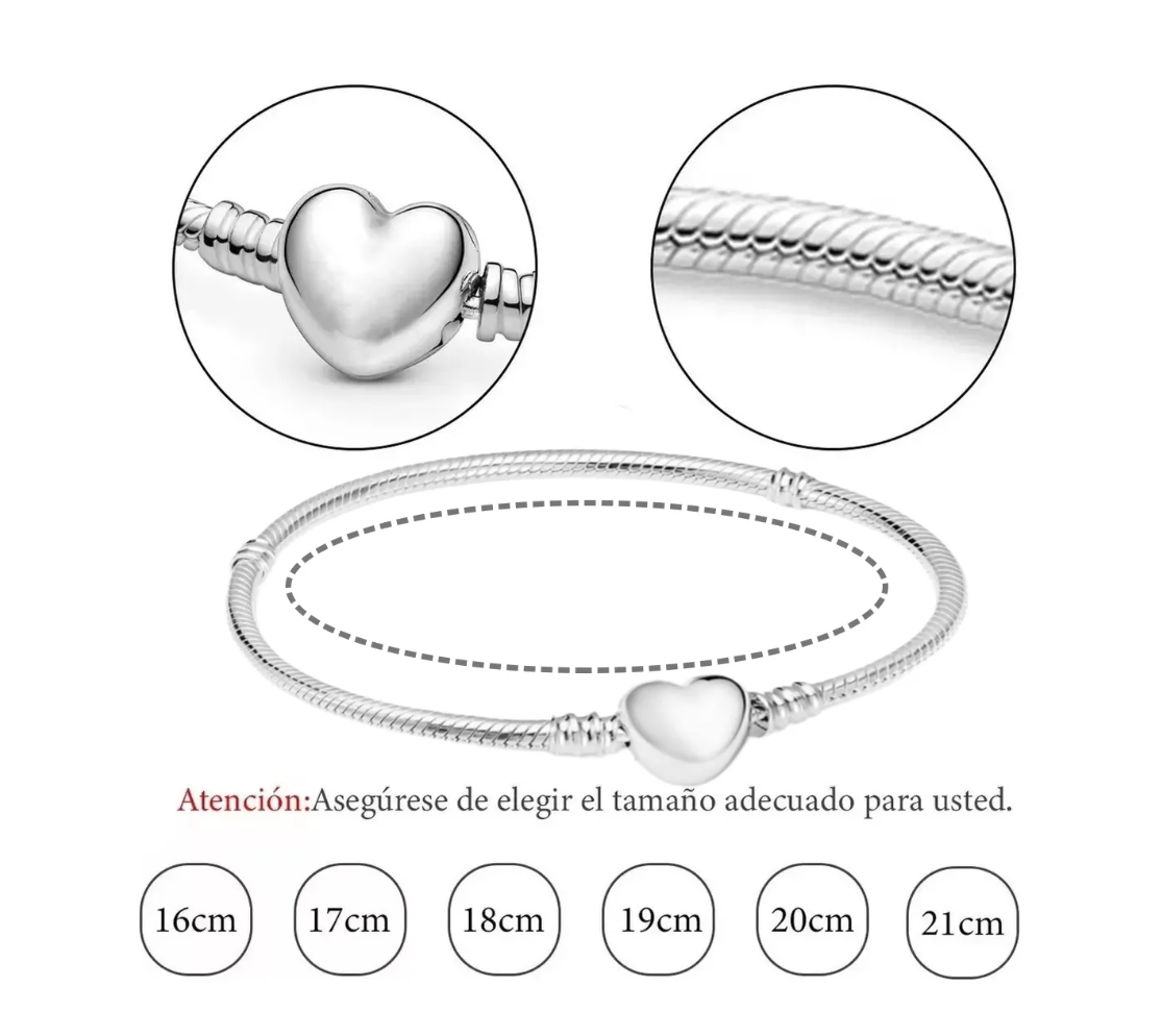 Foto 3 | Pulsera Plata Corazón Para Charms Cadena Serpiente Broche