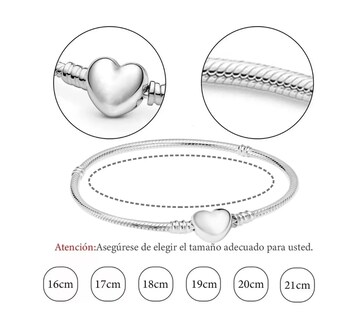 Foto 3 | Pulsera Plata Corazón Para Charms Cadena Serpiente Broche