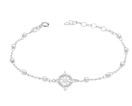 Pulsera Ajustable Nudo Bruja Bolitas Diamantadas Plata 925 Color Blanco Largo 20 Cm