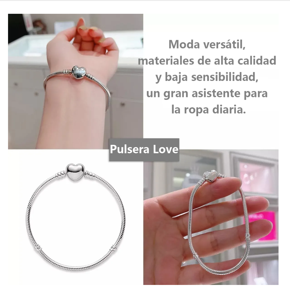 Foto 6 pulgar | Pulsera Plata Corazón Para Charms Cadena Serpiente Broche