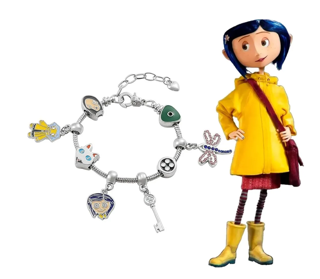 Pulsera Plateada Muñeca Coraline Libelula Gato Llave Boton