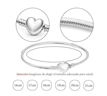 Foto 3 | Pulsera Plata Corazón Para Charms Cadena Serpiente Broche